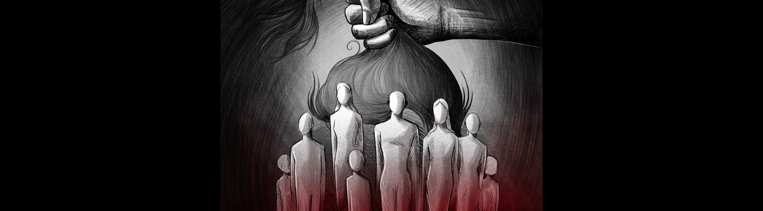 Graphic illustration in charcoal black and white color featuring a hand holding the ponytail of a person representing the repression of protests f in Iran in 2022 that called for the removal of the enforcement of head covering. The forefront of the illustration are silhouettes of several people without features but in different sizes and shapes representing the men, women, and children who have been subjected to sexual violence, rape and other forms of torture as part of Iran's repression campaign against protesters.