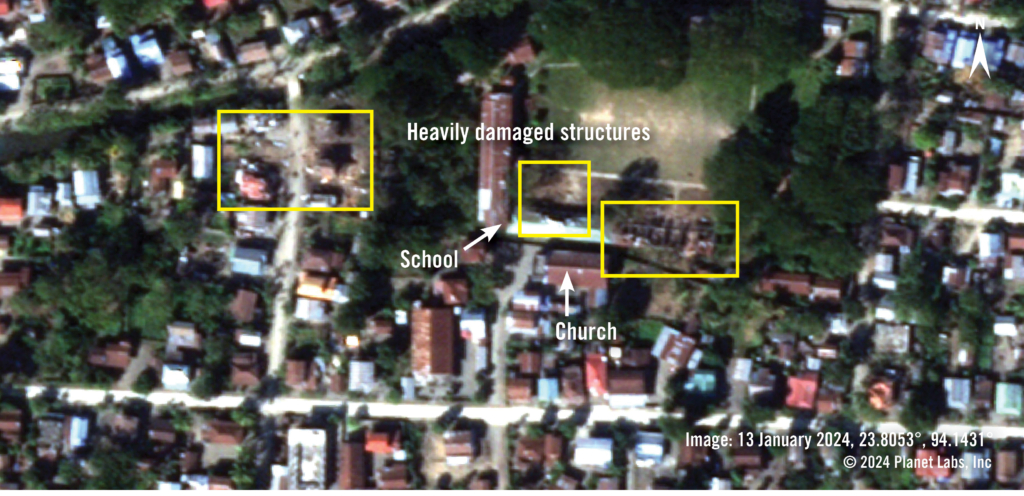 Satellite imagery showing craters where the air strikes caused damage, including to the school and church.