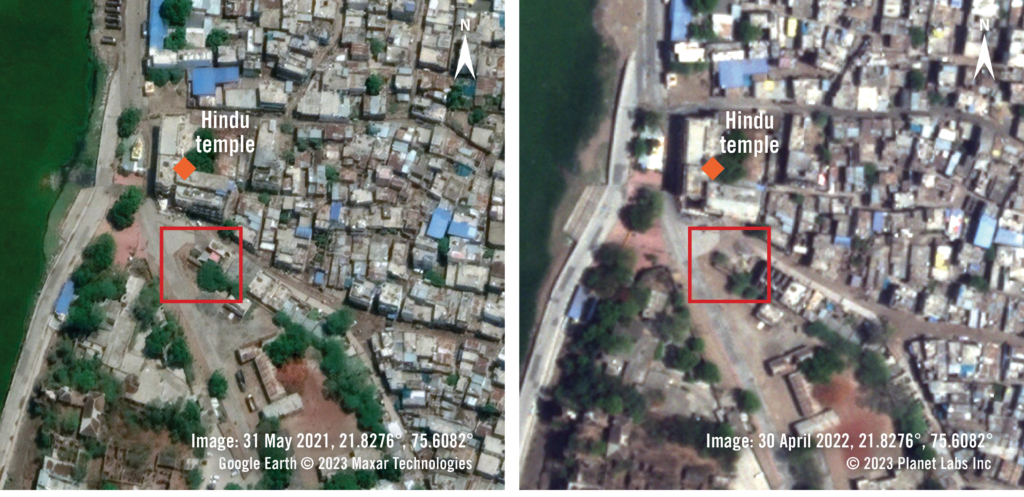 Before and after satellite imagery showing the destruction of a temple