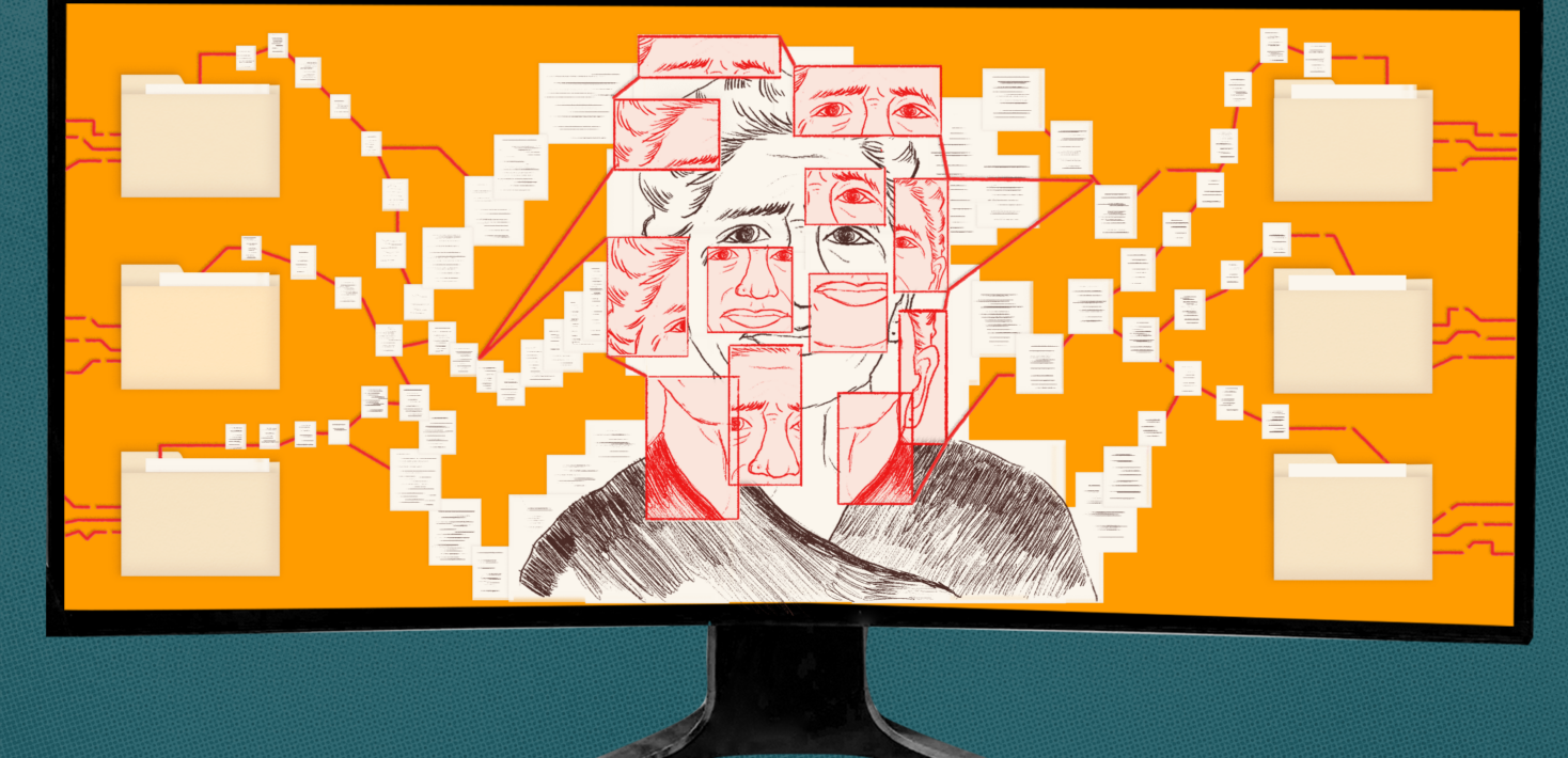 Illustration of a screen with a sketched portrait in the middle. Scrawls of paperwork surround the portrait to reflect the merging of data and information.
