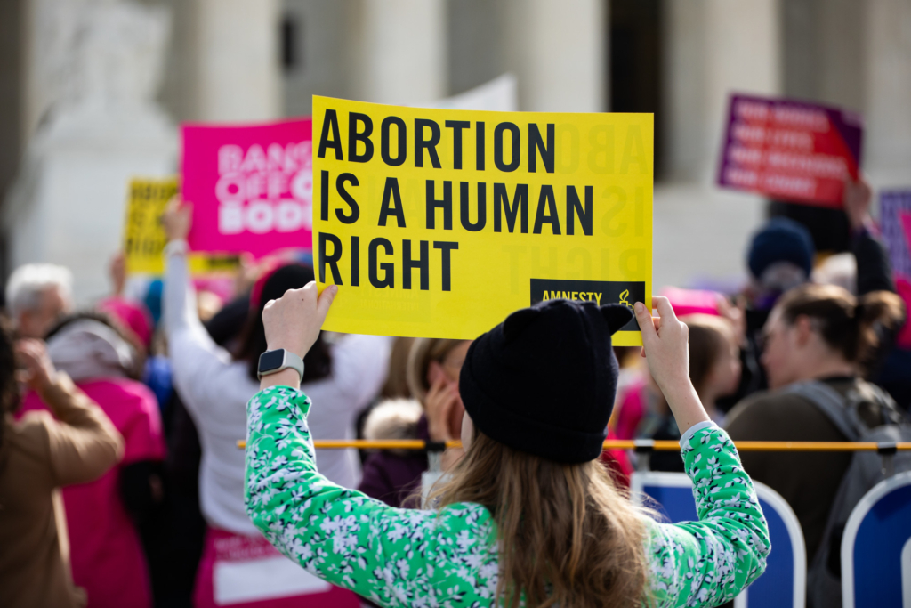 a group of protesters in front of the white columns of the Supreme Court in Washington DC. There is a placard in focus that reads Abortion is a human right. 
