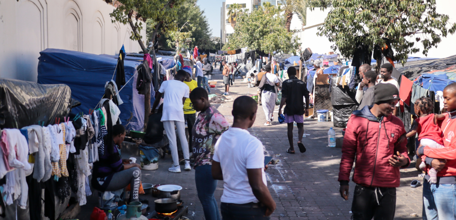 A view of street, that African migrants living in tent in Tunis. African migrants who arrived in Tunisia illegally take shelter at a street 200 meters from the International Organization for Migration (IOM) building in Tunis
