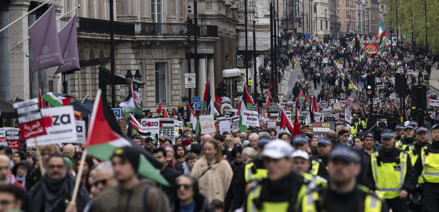 Protesters in London marching in solidarity with Palestinians