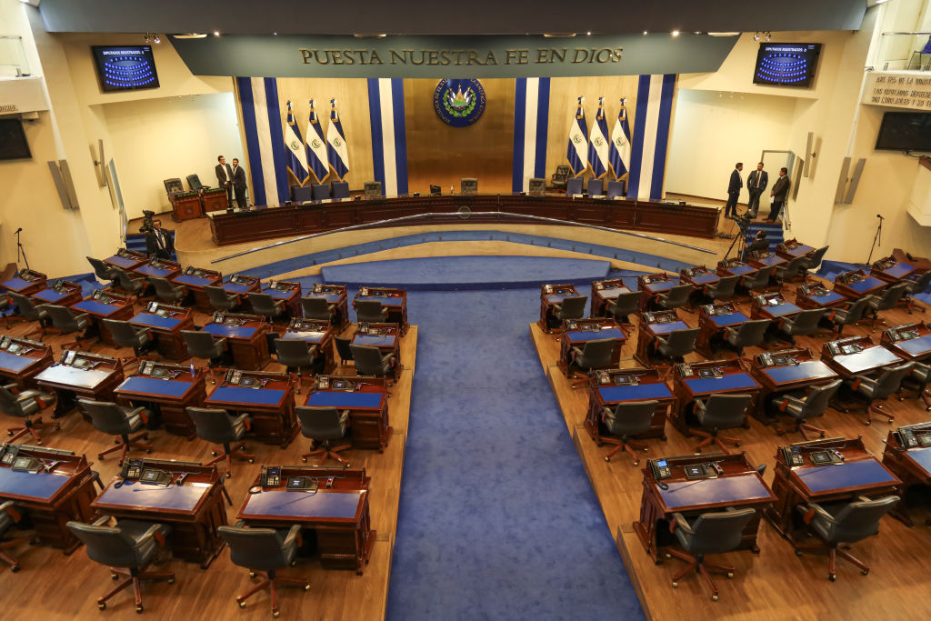 General view of the blue room of the Legislative Palace of El Salvador before the inauguration of the elected deputies for the new Legislative Assembly of El Salvador on May 1, 2024 in San Salvador, El Salvador. The new Congress members were elected in February for the 2024