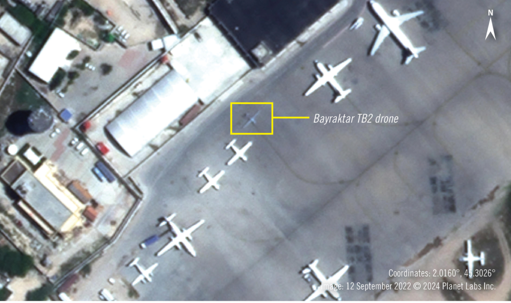 Satellite imagery from 12 September 2022 shows a Turkish built, Bayraktar TB2 drone at the Aden Adde International Airport in Mogadishu, Somalia.