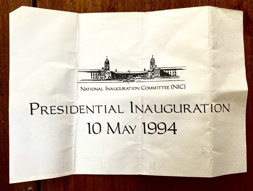 Invitation to Mandela.s inauguration. 1994