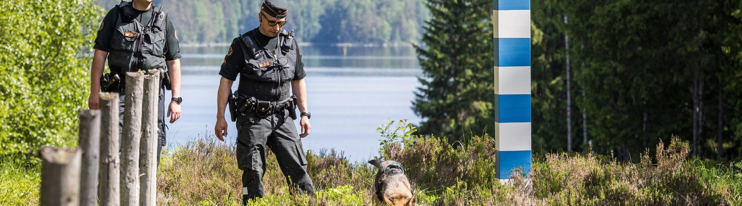 Finnish border guards with a dog in the forest by a lake