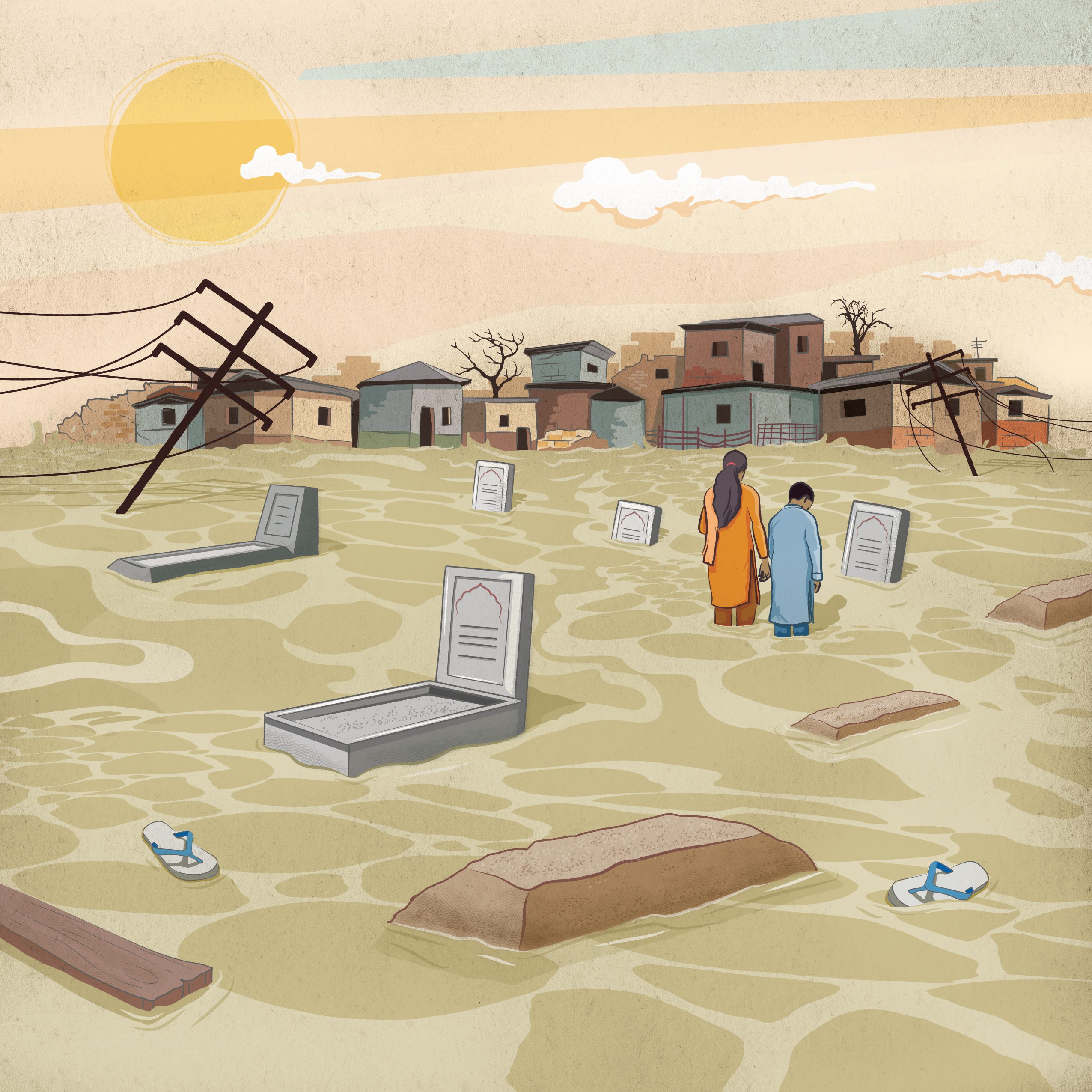 A graphic of children standing near a graveyard amongst many other graves, some unmarked, with residence in the background. They are knee-deep in flood water.