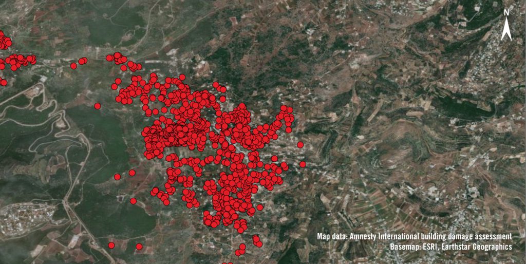 Red dots overlayed on satellite imagery of Ayta Ash Shaab show a larger number of buildings were destroyed than the alleged military targets published by the Israeli military 