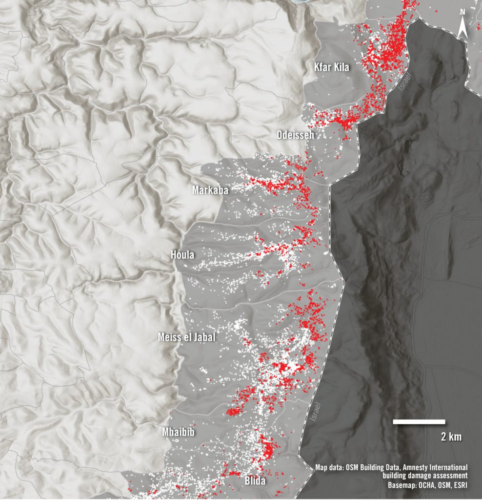 A map shows seven municipalities of southern Lebanon with white dots representing the total number of buildings in each location and red dots representing the buildings that were destroyed or heavily damaged during the period analysed. 