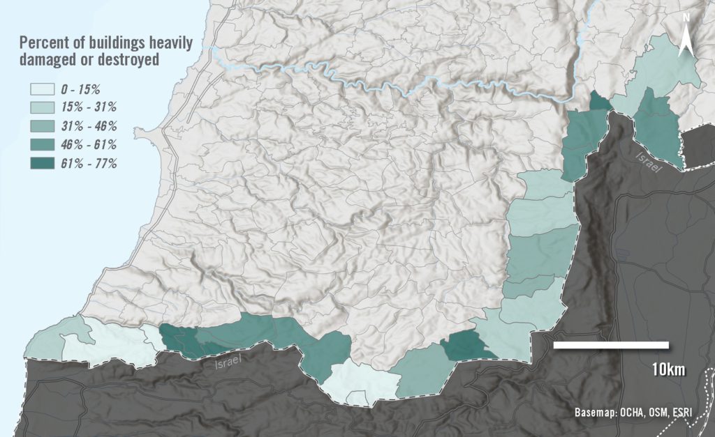 A map of Southern Lebanon shows the municipalities along the border with Israel highlighted in different shades of green according to the level of destruction, from 0% to 77%