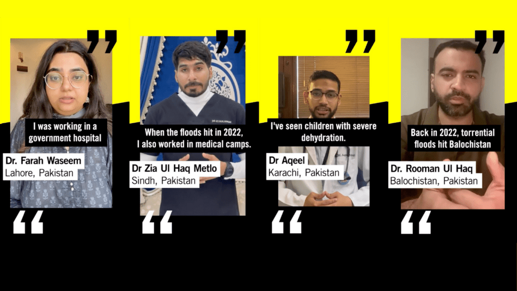Photos and names of young doctors working in Pakistan talking about the health impacts of climate change-induced disasters.