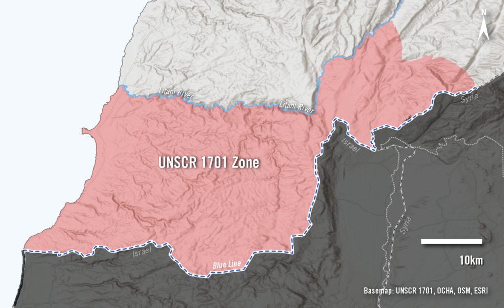 Map shows the area between the Lebanese border with Israel and the Litani River, where a buffer zone should be established according to the UN Security Council Resolution 1701.