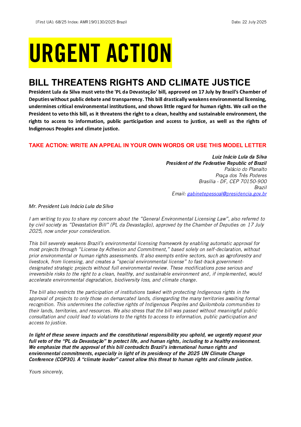 Brazil: Bill threatens rights and climate justice - Amnesty