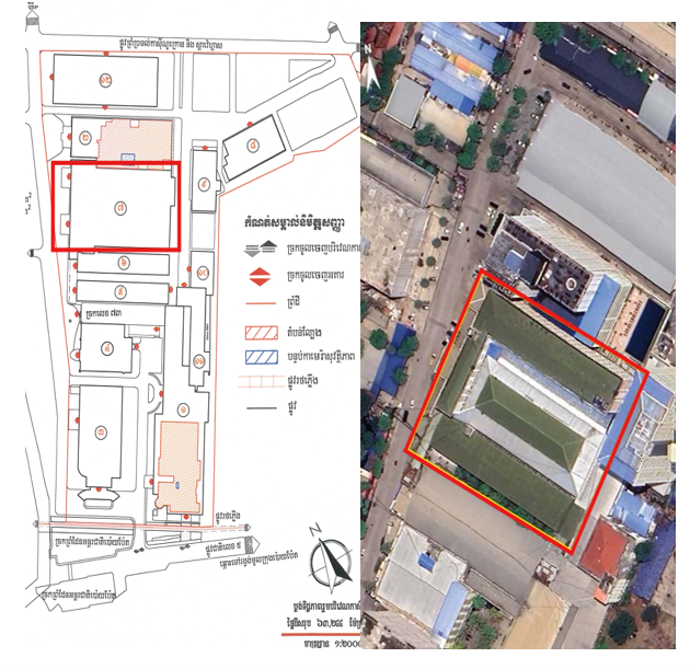 Crown Resorts (Poipet) CGMC-approved map (left) and the PO18 scamming compound profiled by Amnesty International’s (right) with a red box on both maps showing the location where two victims were deprived of their liberty and threatened with violence.