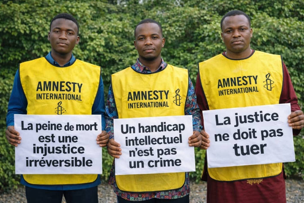 Amnesty International activists hold signs opposing the death penalty.