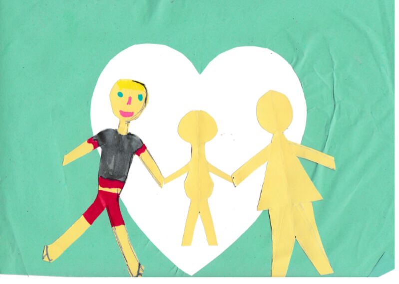 a child's collage of a family holding hands on a green background