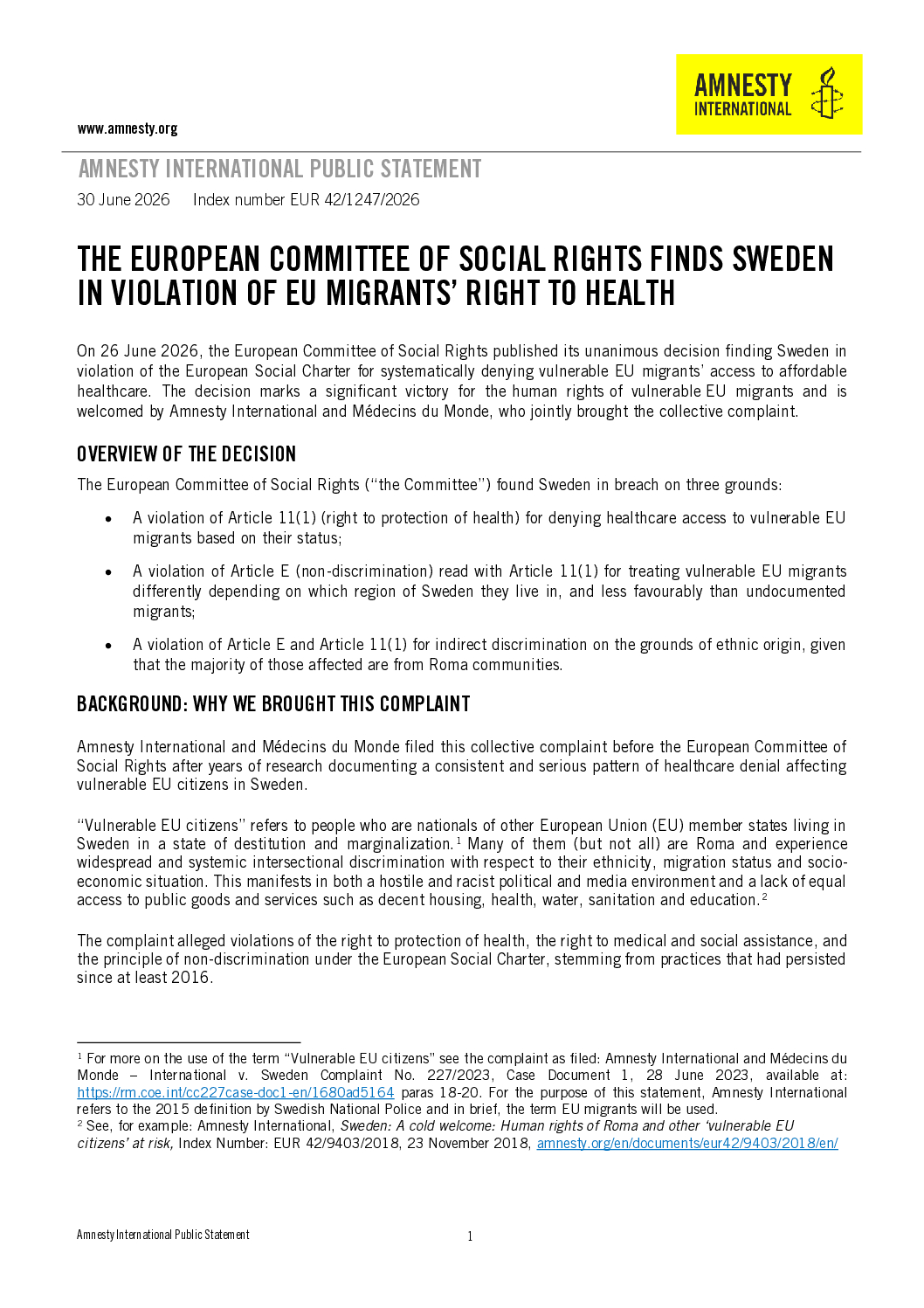 Sweden: European Committee of Social Rights finds Sweden in