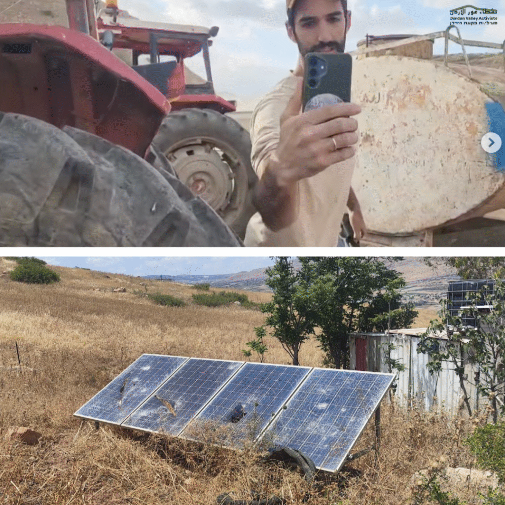 Two images displayed side by side show a man holding a cellphone and damaged solar panels