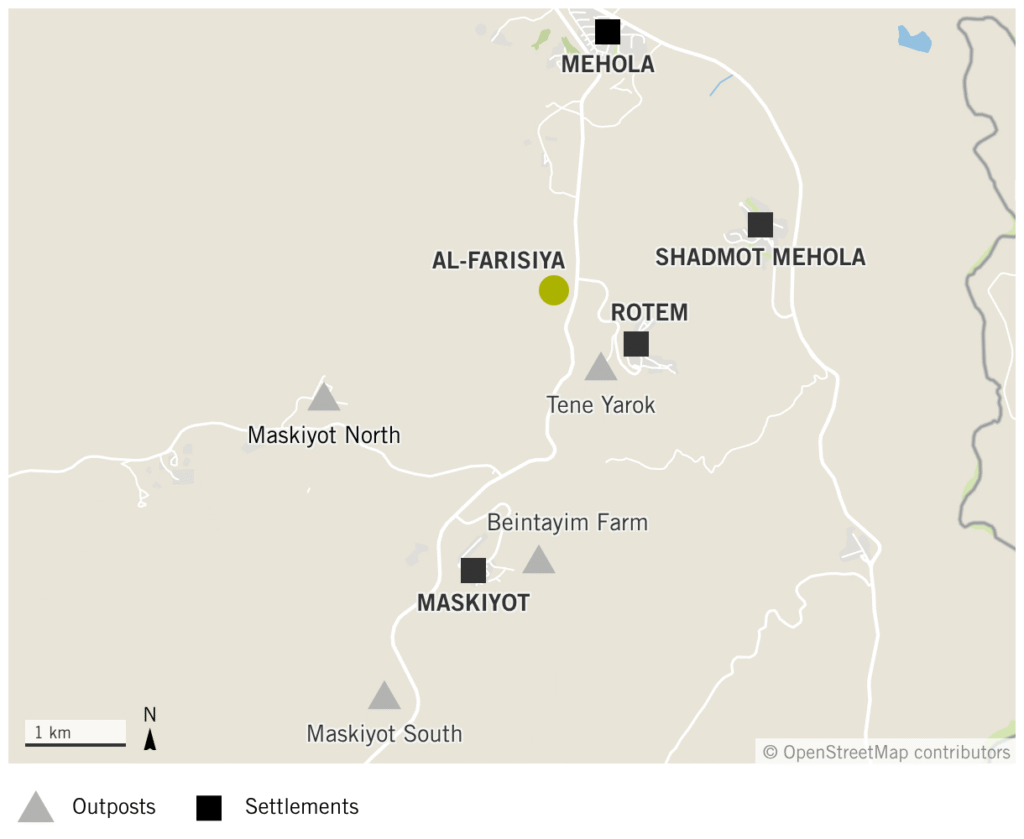 A map shows the location of four settlements and four outposts around Al-Farisya