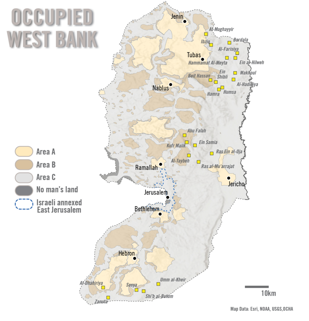 A grey map of the west bank with areas highlighted in yellow and brown