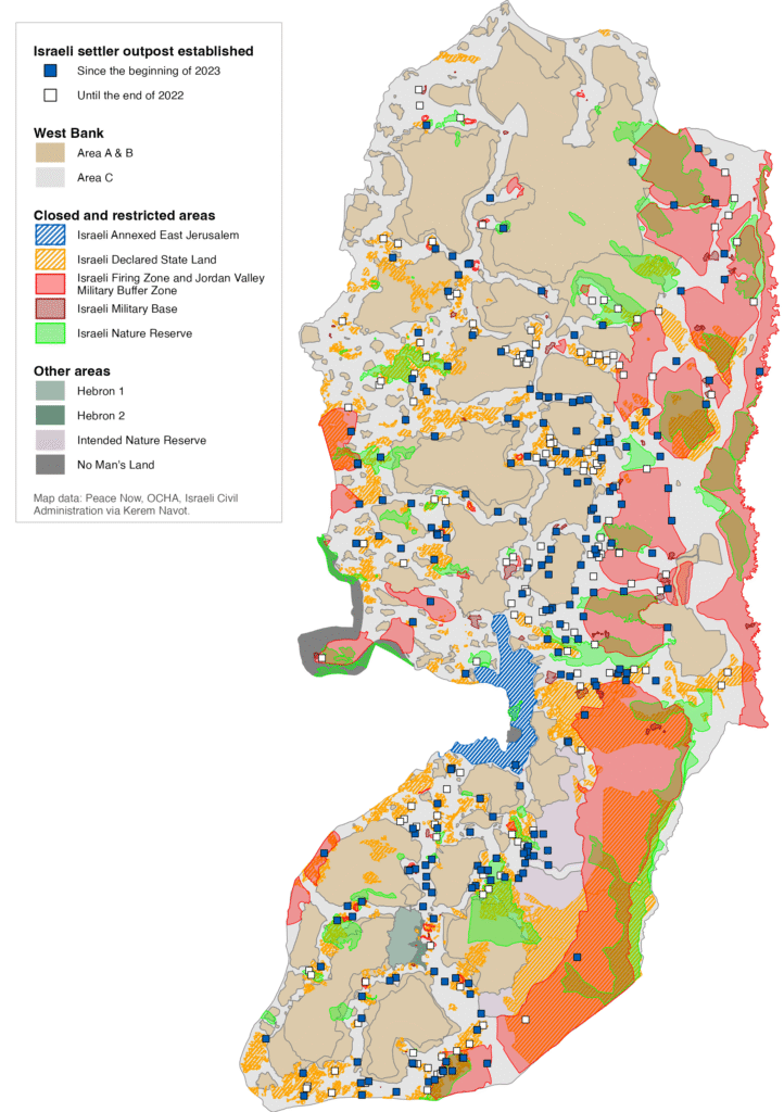 Square markers indicate individual outposts: blue squares mark outposts established since the beginning of 2023, while white squares mark those established up to the end of 2022 (data from Peace Now). The background shows West Bank administrative areas established under the Oslo Accords: Areas A and B are shown in tan, and Area C in light grey (OCHA). Several layers show areas where Palestinian access or use of land is prohibited or restricted. Israeli annexed East Jerusalem is shown with blue diagonal stripes (OCHA). Israeli declared state land is shown with orange diagonal stripes (Israeli Civil Administration data, shared by Kerem Navot). Israeli firing zones and the Jordan Valley military buffer zone are shown in semi-transparent red (OCHA), and Israeli military bases appear in darker red (OCHA). Israeli nature reserves are shown in green (OCHA). Additional areas established under the Oslo Accords are also shown: Hebron H1 (parts of the city administered by Palestinian authorities) in light green, Hebron H2 (parts of the city where Israel maintains full control) in darker green, intended nature reserves (where Israel maintains full control over security, planning and construction) in light purple, and the No Man’s Land in dark grey, a demilitarized buffer zone that separated Israeli-controlled West Jerusalem and Jordanian-controlled East Jerusalem between 1948 and 1967 and that has since 1967 been annexed by Israel (all OCHA).
Overall, the map shows that settler outposts are widely distributed across Area C and are often located in or near areas where access or land use is restricted to Palestinians.