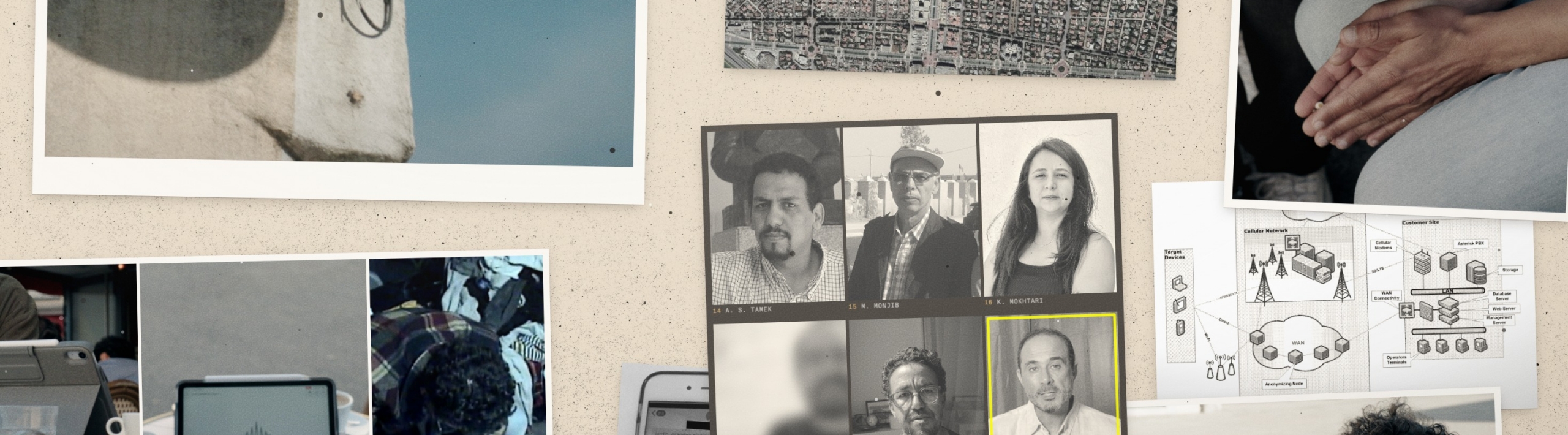 An illustration with images of Moroccan activists targeted in surveillance operations surrounded by spying tools representing a web of surveillance operations.