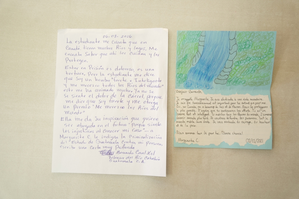 Handwritten letters to Bernardo Caal Xol, with colourful drawings of rivers and fields.