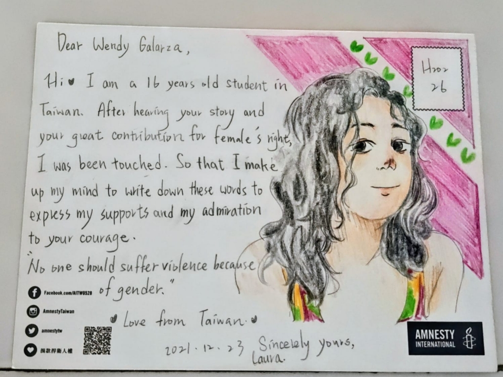 A hand written letter to Wendy Galraza, saying how touched they are by her activism