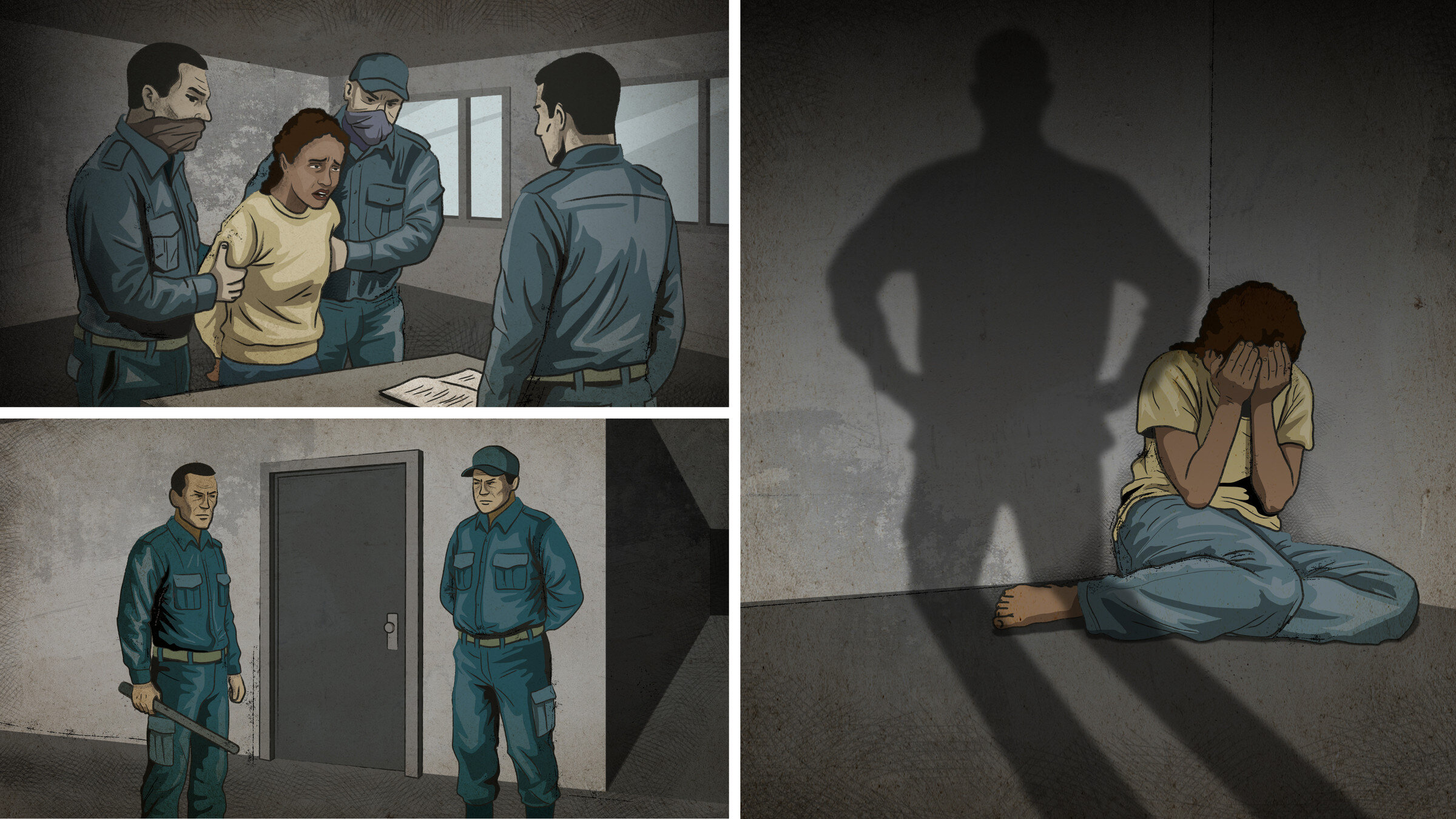 Maia, a woman of color being trapped in a dark room, threatened by security guards inside scamming compounds.