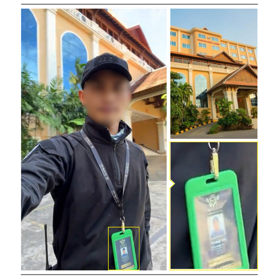 A security guard taking a selfie in front of a yellow hotel building, which Amnesty identified as a scamming compound. He wears an identity badge with the Dara Security logo.