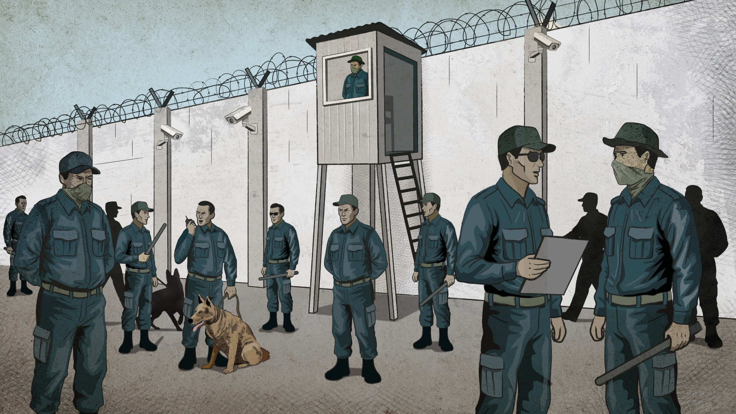 More than 10 security guards standing around inside a scamming compound, with guard dogs and equipped with electric batons. They are watching the people inside compounds.