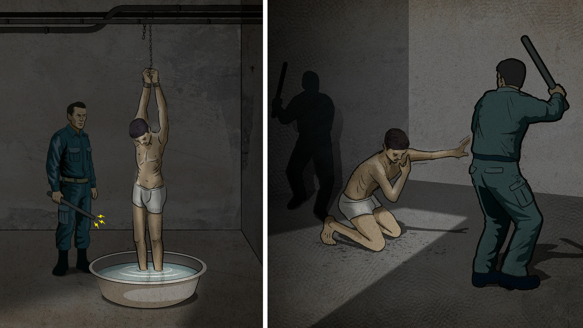 Gabe in a dark room where his hands were bound over his head while he was forced to stand inside the large basin of water.