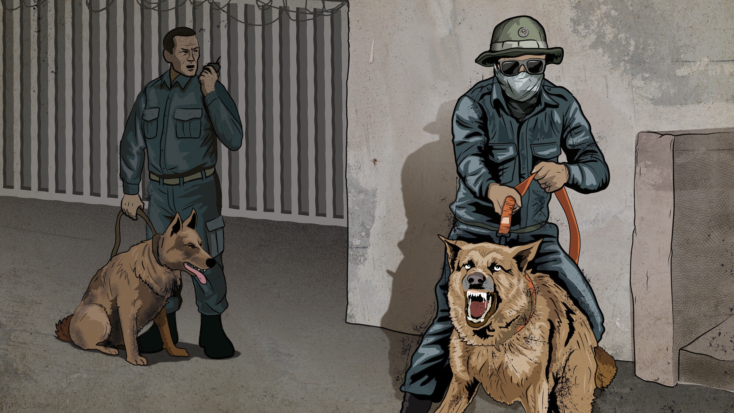Security guards holding guard dogs on a leash.