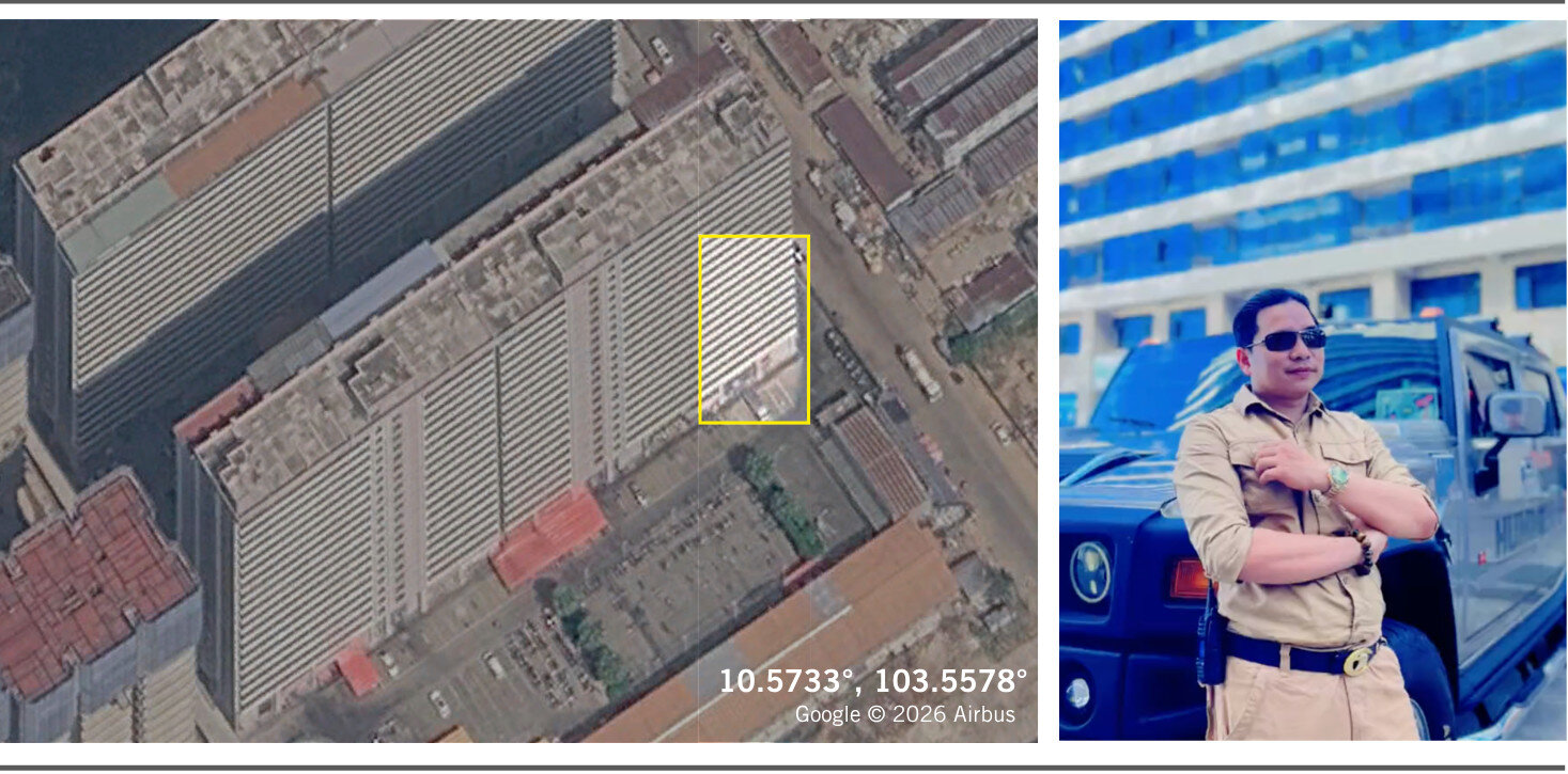 Image from Sab Dara on Dara Security Service’s TikTok account showing him standing in front of a car, behind is a building identified as a scamming compound.