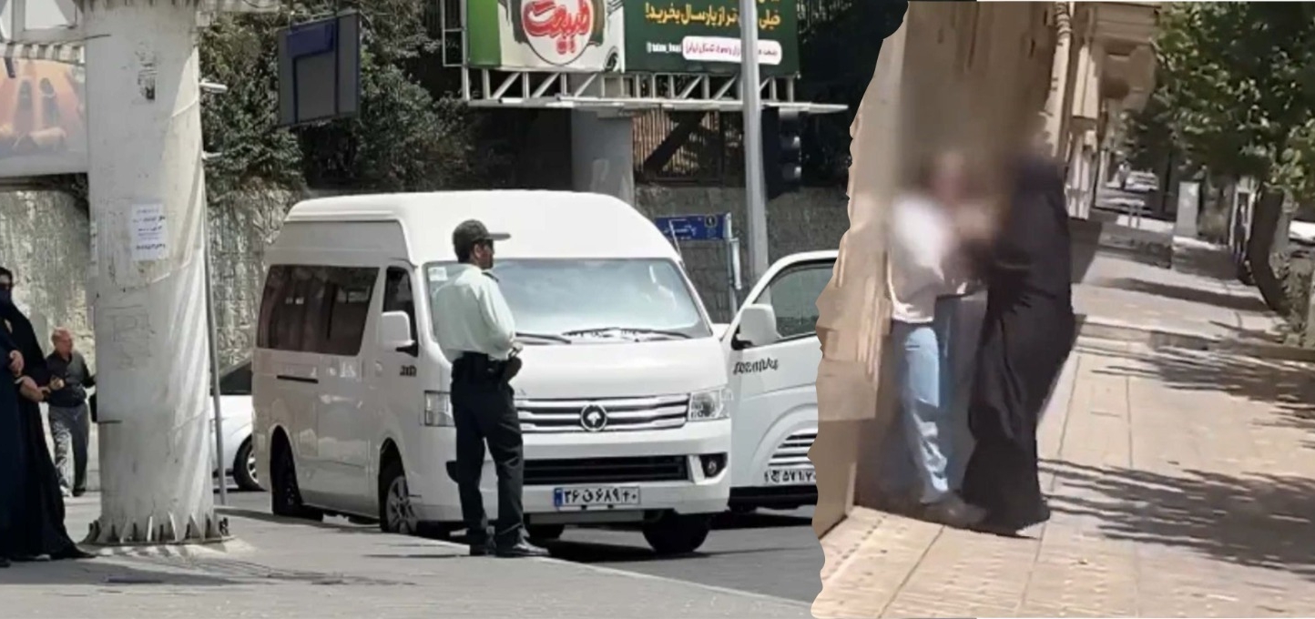 Se están usando nuevas furgonetas blancas para detener a mujeres en Irán. Otra parte de la foto muestra, a la derecha, a una agente de la “policía de la moral” vestida con una túnica negra agrediendo a una joven contra la pared.