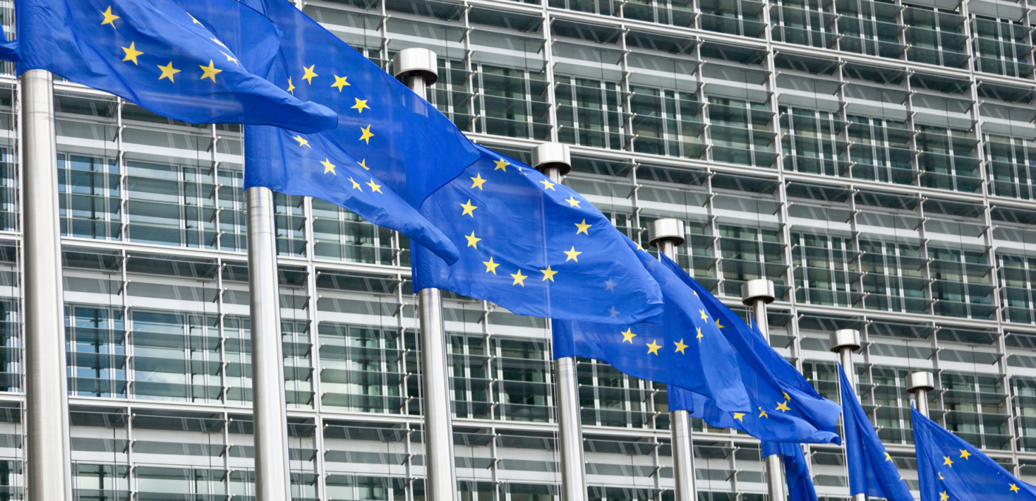 Una fila de banderas de la Unión Europea alineadas frente al edificio del Parlamento Europeo.