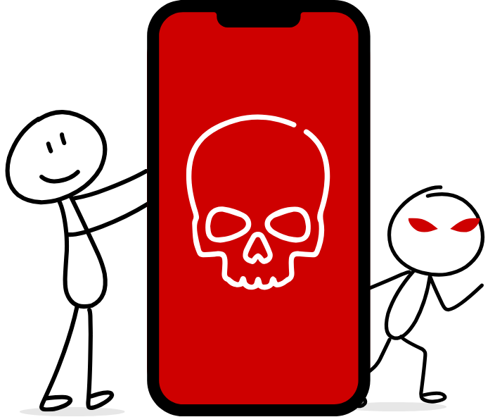 Ilustración que muestra dos figuras esquemáticas que sostienen un gran teléfono que lleva el icono de una calavera roja.