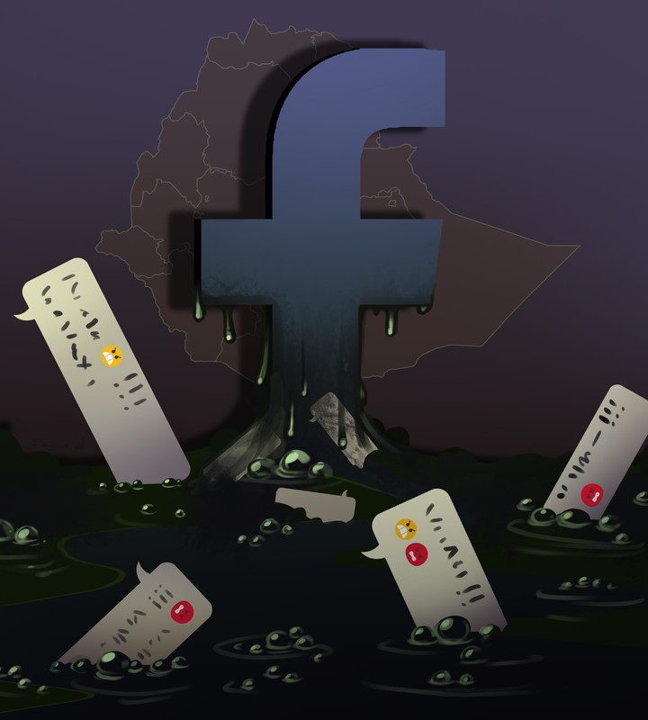 an illustration with the facebook logo and a sea of hateful posts