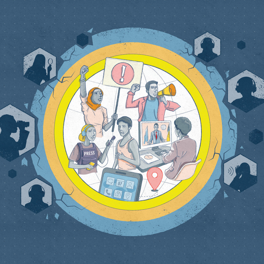 an illustration with a circle around activists. Outside the circle are mysterious shadows that are spying