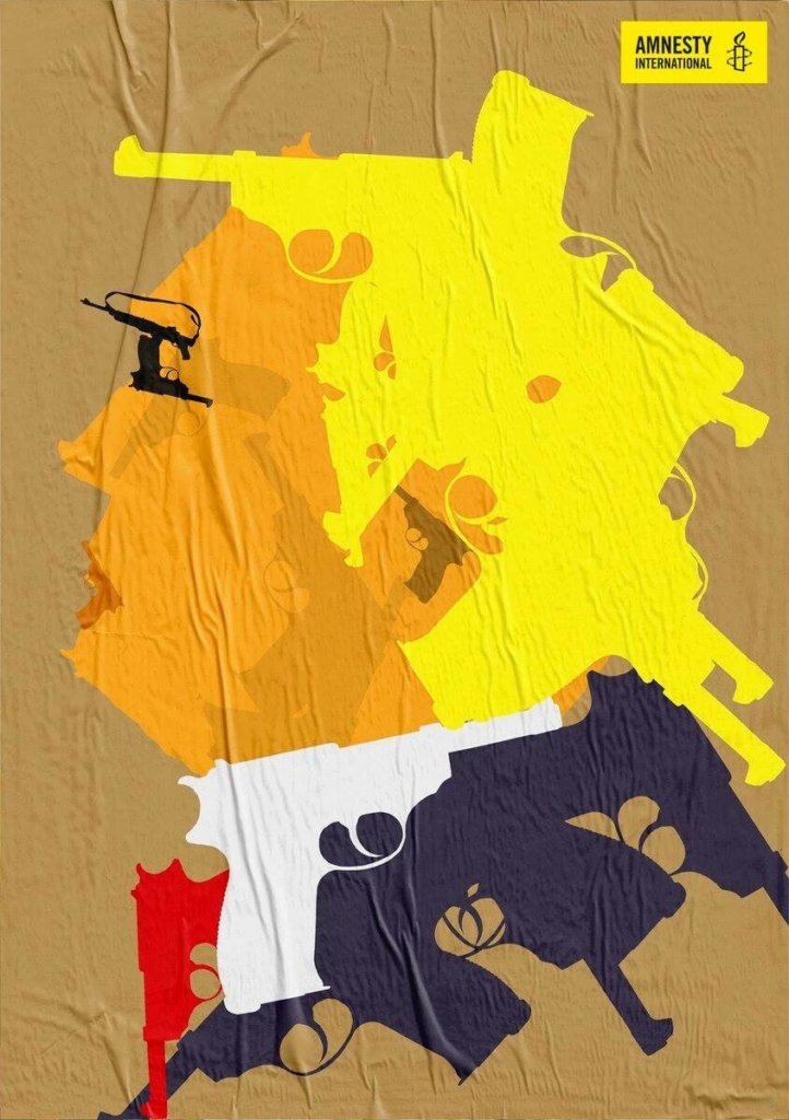 Obra creativa que muestra al presidente estadounidense Donald Trump a partir de figuras de armas de fuego. El 43% de las exportaciones mundiales de armas proceden de Estados Unidos.