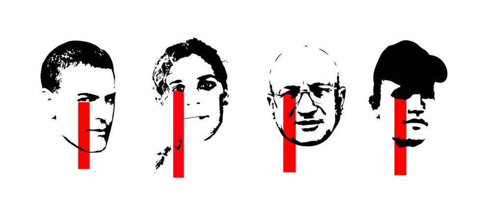 Gráfico con las fotos de cuatro personas. Las fotos son en blanco y negro y cada una está atravesada por una franja roja.