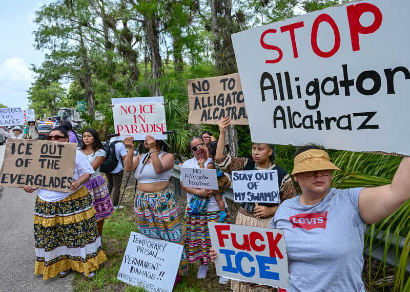 Una fila de manifestantes con palmeras como telón de fondo. Sus pancartas dicen: “Stop Alligator Alcatraz” (“No a Alligator Alcatraz”), “No ICE in paradise” (“Fuera el ICE del paraíso”) y “Stay out of my swamp” (“Fuera de mi pantano”).