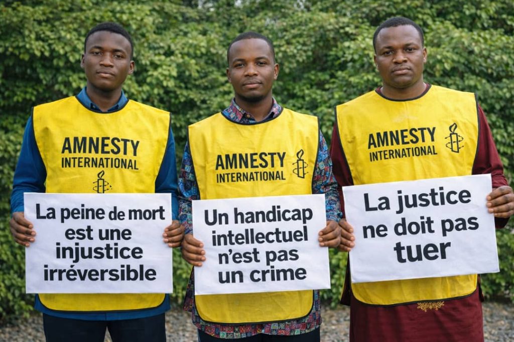 Tres activistas con chalecos amarillos de Amnistía Internacional sostienen carteles en contra de la pena de muerte con consignas en francés.