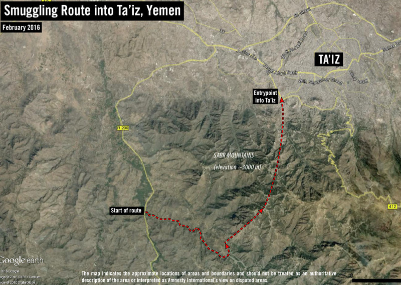 Mapa de la ruta de contrabando hacia Taiz. © DigitalGlobe; CNES/Astrium; Google Earth. MAPA producido por Amnistía Internacional.