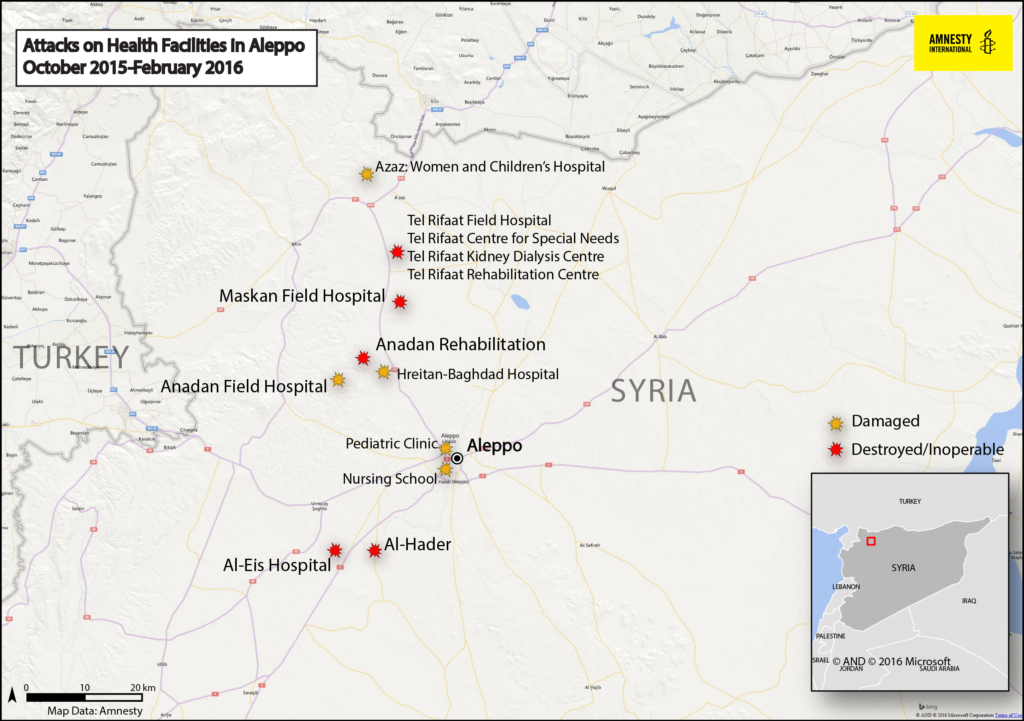 Ataques contra instalaciones médicas en Alepo, octubre de 2015 - febrero de 2016. © Mapa elaborado por Amnistía Internacional. Basemap  a través de Bing.