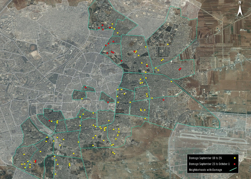 Entre el 18 de septiembre y el 1 de octubre, se detectaron más de 110 zonas afectadas en un perímetro de 65 km del este de Alepo. En solo una semana, entre el 18 de septiembre y el 25 de septiembre, 90 zonas se vieron afectadas por los bombardeos.  ©  Digital Globe 2016