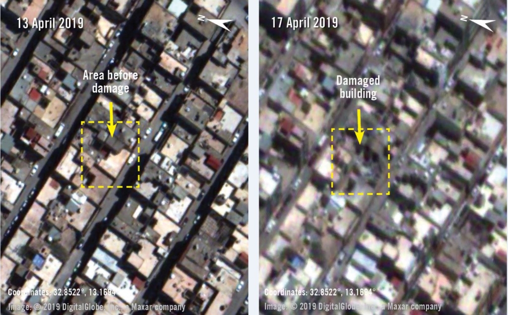 Las imágenes de antes y después tomadas del 13 al 17 de abril de 2019 muestran que un edificio en medio de la zona densamente edificada de Abu Salim parece dañado o destruido. © Digital globe, Inc., empresa de Maxar