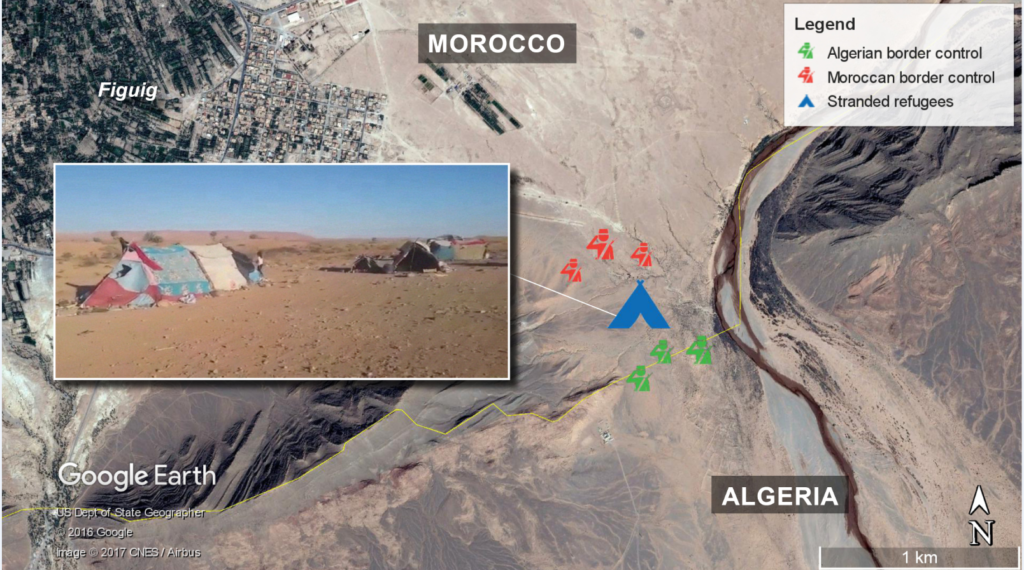 Mapa que muestra la zona en la que 25 personas refugiadas sirias permanecen varadas en territorio marroquí en la frontera con Argelia. © Google Earth, CNES/Airbus