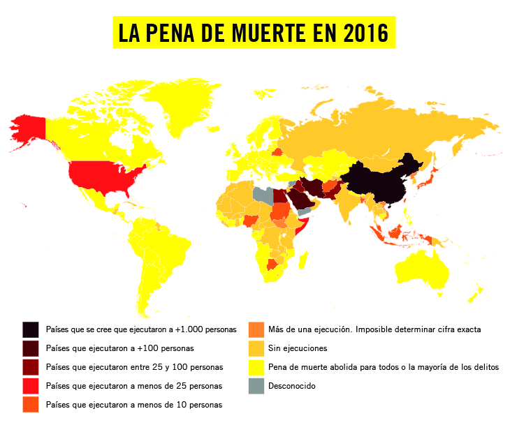 23 países llevaron a cabo ejecuciones en 2016 En el mundo hay actualmente 104 países que han abolido completamente la pena capital para todos los delitos, frente a los solo 16 que había en 1977, cuando Amnistía Internacional comenzó a trabajar en pro de la abolición de la pena de muerte, hace ahora cuarenta años.